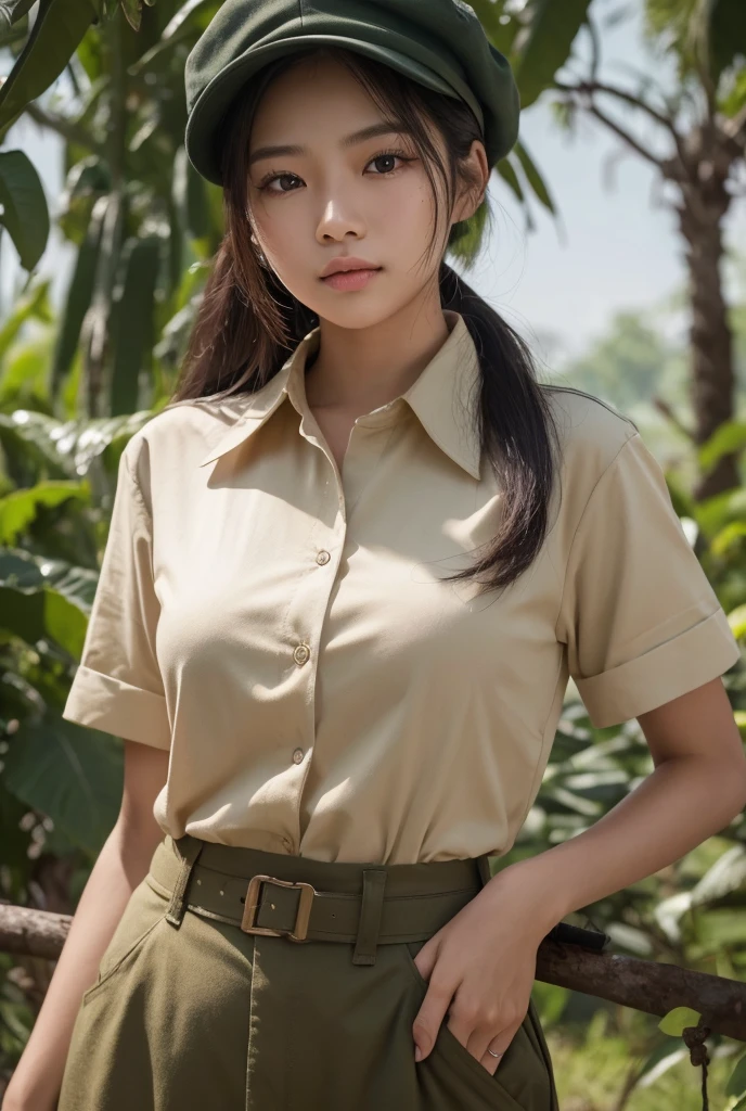 1girl, beautiful detailed asian girl, young, vietcong, military, communist, southeast asia, vietnam, 1970s, skinny, thick detailed thighs, busty chest, closed shirt, collared shirt, rolled sleeves, oversized full old cloth shirt, old loose flared wool pants, sweaty clothes, loose clothes, buttoned clothes, dirty clothes, uniform, wool military cap, paddy field, jungle, impoverished, messy thick luscious hair, long ponytail, detailed face, penetrating eyes, beautiful detailed lips, extremely detailed skin, detailed clothing, (best quality,4k,8k,highres,masterpiece:1.2),ultra-detailed,(realistic,photorealistic,photo-realistic:1.37), natural lighting, warm color tones, cinematic composition, thicc, natural, natural lashes, no makeup, glistening sweat