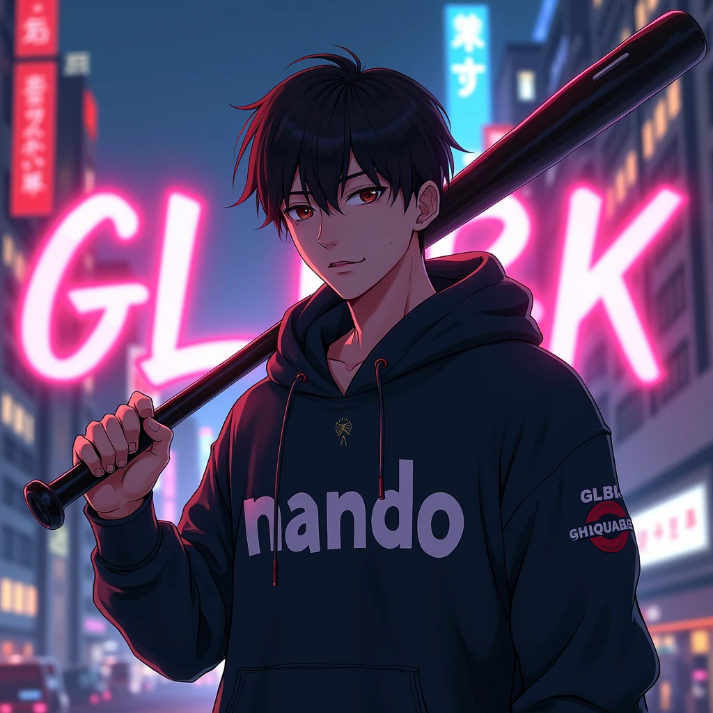 Create a character anime, {{background: large text “GLBK”, night city}},
realistic, HDR, handsome, japan style, full body, use stick baseball, age 20, hoodie HD text: “NANDO”