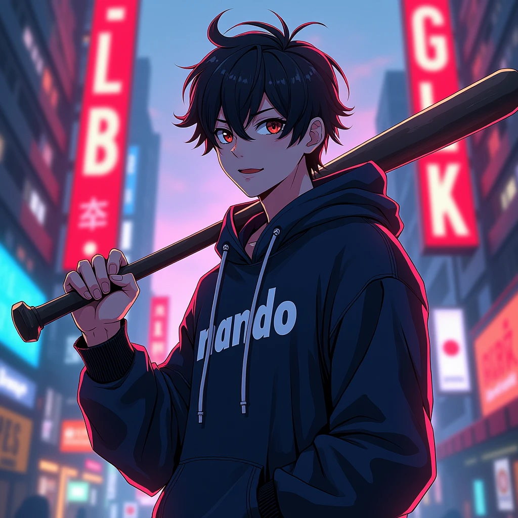 Create a character anime, {{background: large text “GLBK”, night city}},
realistic, HDR, handsome, japan style, full body, use stick baseball, age 20, hoodie HD text: “NANDO”