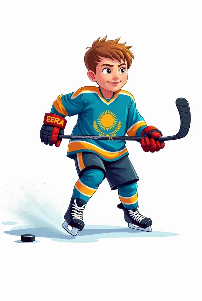((officially)) ((masterpiece)) ((Best quality)) ((detailed)) cartoon boy hockey player running with stick and dribbling puck in uniform with emblem flag of Kazakhstan on white background