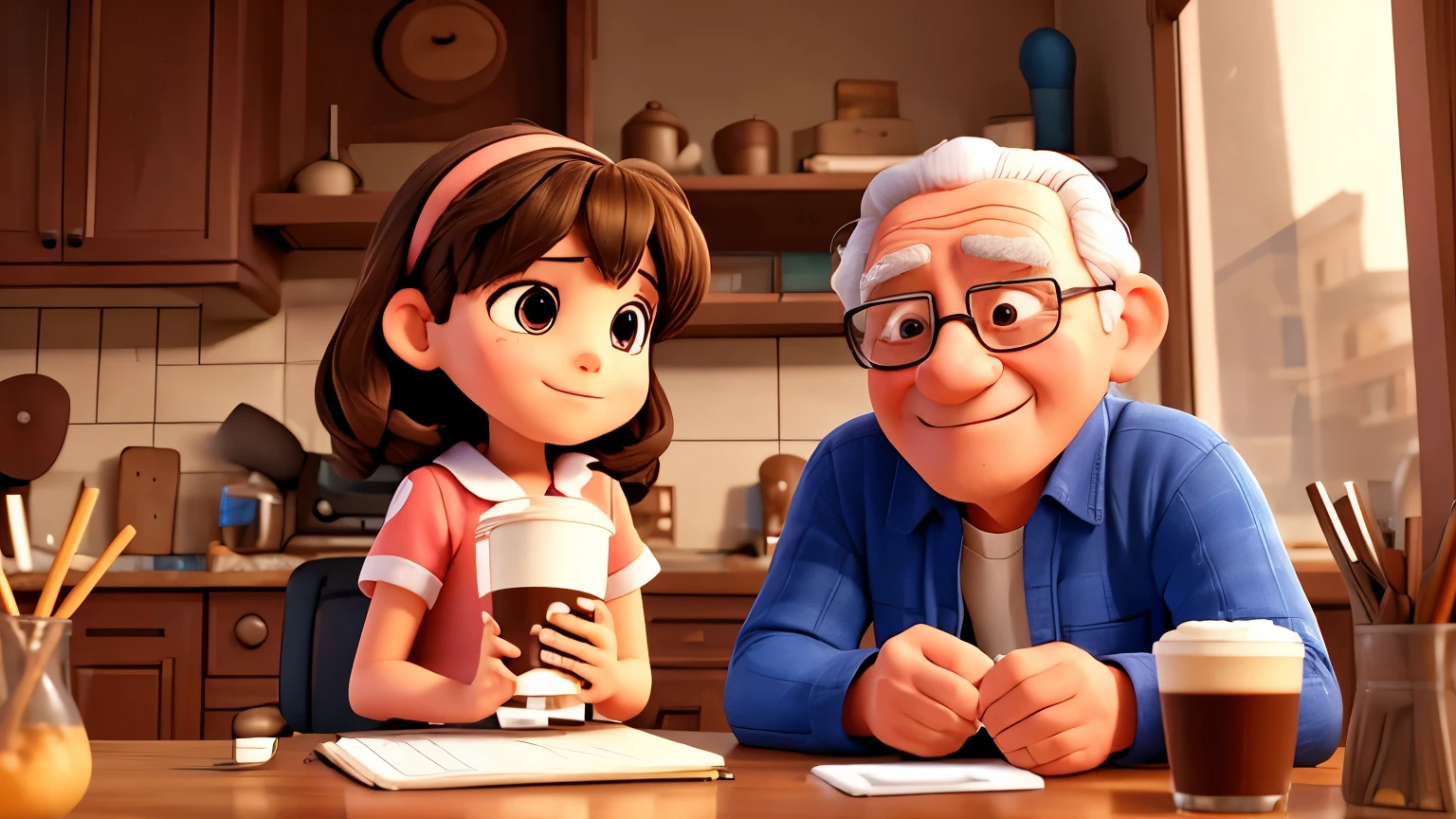 One girl, He is having fun listening to the radio and drinking coffee with his grandfather.