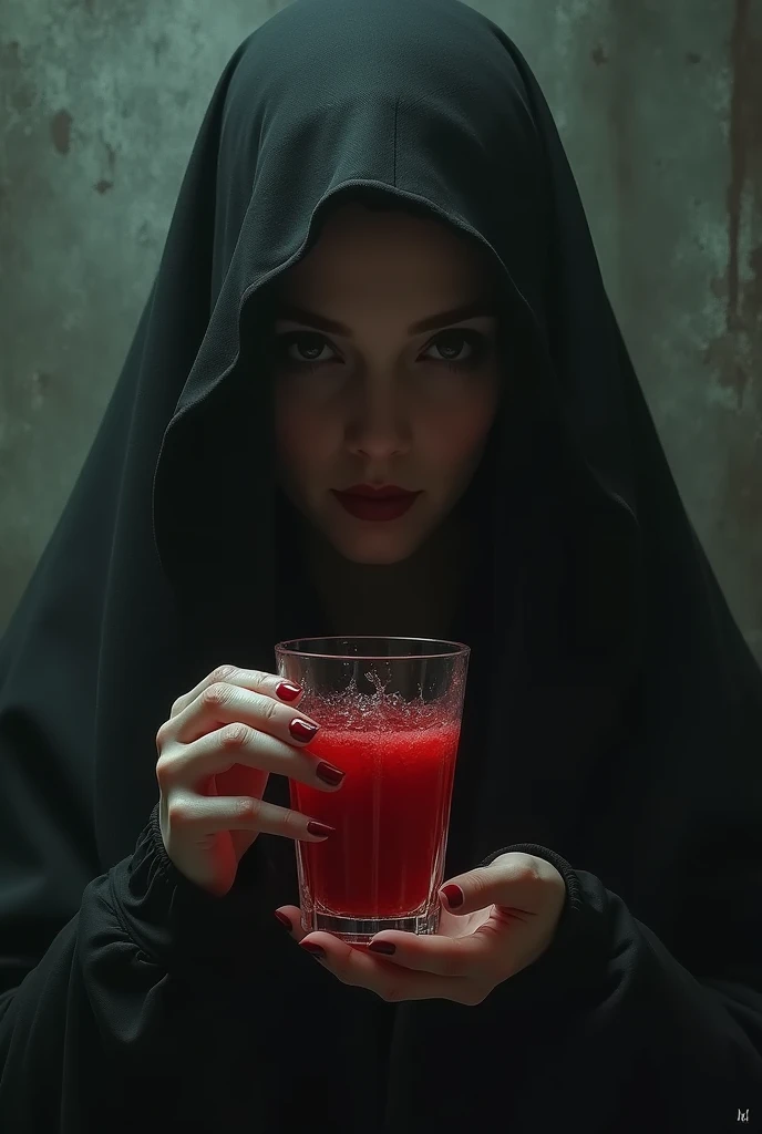 Strange woman holding a glass of blood