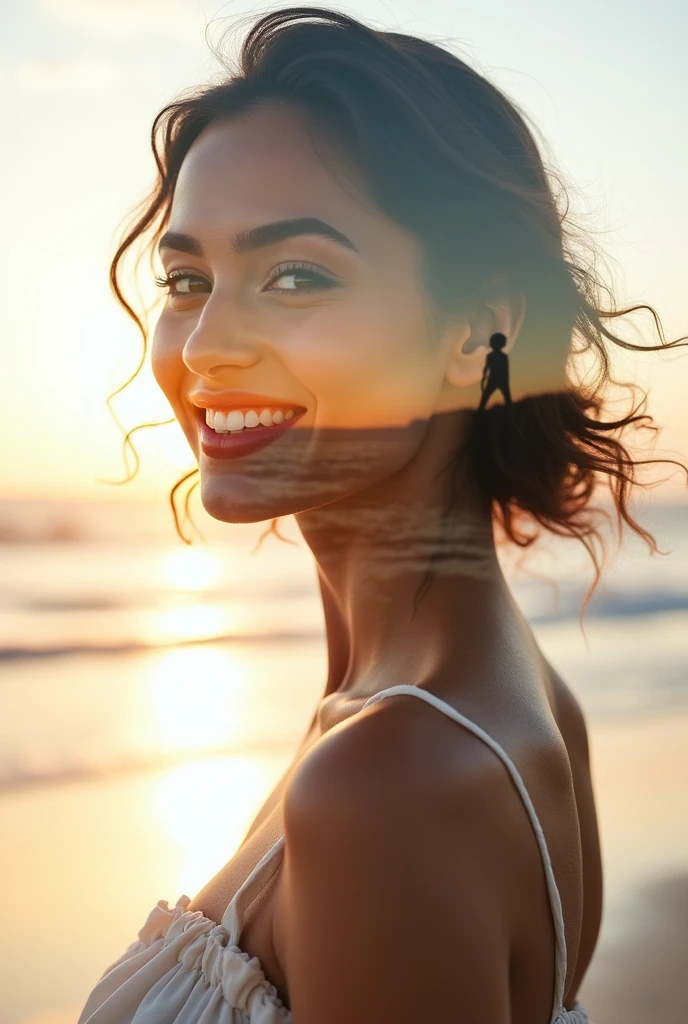 beautiful british brunette girl, 20 years old, lovely look, cute face, playful expression, slightly smiling, high quality skin details high quality, 8K Ultra HD, A beautiful double exposure that combines an goddess silhouette with sunset coast, sunset coast should serve as the underlying backdrop, with its details incorporated into the goddess , crisp lines, The background is monochrome, sharp focus, double exposure, by yukisakura, awesome full color,
