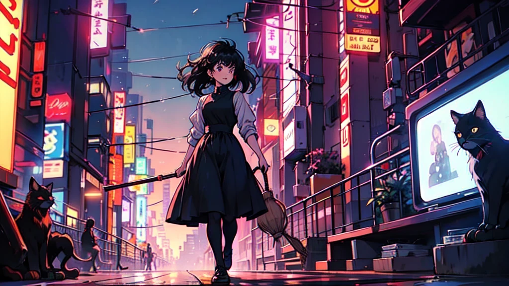 Kiki the Witch's Delivery Service、Holding a broom, walking through the neon-lit city at night
