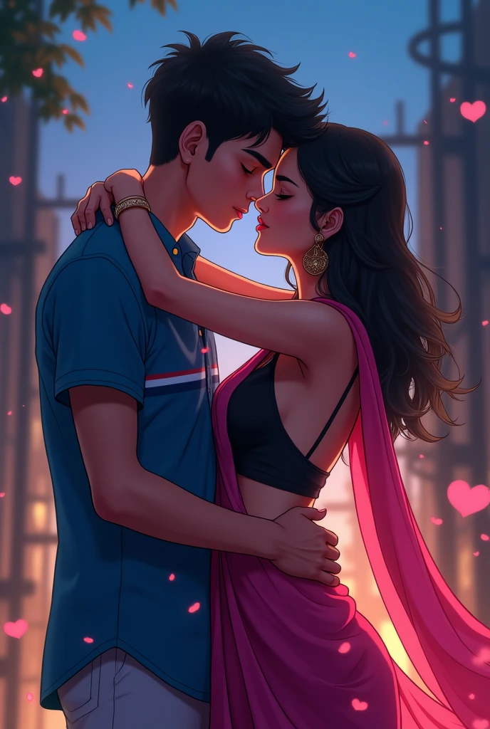 Make Indian anime couple hot romance scenes:raat ka samay hai.  jisme ladka aur ladki 10th standard me hai. ladke ne blue shirt pehni hai jispe blue aur red lines hai, ladki ne backless black kurta pehna hai, aur left kandhe pe pink colour ka dupatta pehna hai jispe beautiful design hai. Ladke ne ladki ki kamar ko tightly pakad rakha hai, dono ek dusre se chipke hue hai. Ladki ka dupatta lehra Raha hai. Dono ek dusre ko lip kiss kar rahe hai, in dono ke lips touch ho rahe hai. 