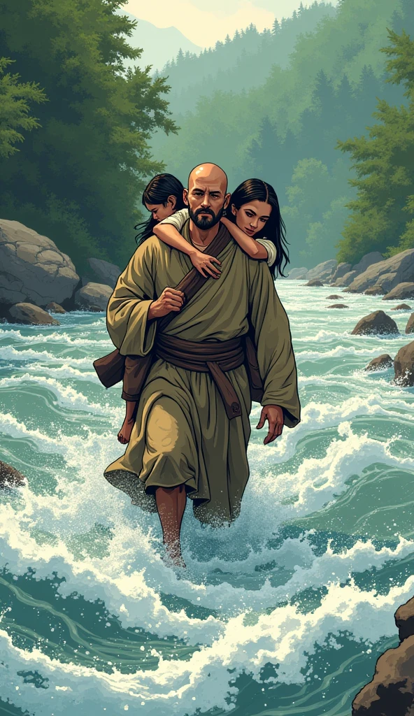 Certainly! Here’s an expanded version of **Prompt 4**, breaking down each character and scene in a detailed comic style.
### **Expanded Prompt 4:**
- **Scene**: The middle of the river, where the water rushes around the monk and his disciple. The river is depicted with swirling currents, showing the difficulty of crossing. The far bank is visible, with lush greenery and the beginnings of the forest path.
- **Monk**:
- **Appearance**: The monk is strong and stable, depicted with a serene, focused expression as he carefully carries the young woman on his back. His posture is steady, with firm footing despite the challenging conditions of the river.
- **Attire**: He wears simple, flowing robes that cling slightly to his legs due to the water. The robes are slightly tattered at the edges, showing wear from many journeys, yet they retain a sense of dignity and purpose.
- **Expression**: The monk’s face is calm, embodying the peace and mindfulness with which he approaches life. His eyes are half-closed, focused on the path ahead but also inwardly reflective.
- **Young Woman**:
- **Appearance**: The young woman clings to the monk’s back, her arms wrapped around his shoulders. She is visibly relieved but also slightly nervous, trusting the monk completely. Her long hair is slightly wet, with a few strands clinging to her face.
- **Attire**: She wears a simple, modest dress, typical of a village woman. The dress is lightly splashed with water, and her bare feet dangle just above the river’s surface.
- **Expression**: Her face shows a mix of gratitude and apprehension, with soft, wide eyes that reflect the trust she has placed in the monk.
- **Disciple**:
- **Appearance**: The disciple struggles slightly behind the monk, his face a mix of confusion, discomfort, and concentration. He is depicted as younger, with an air of innocence and naivety, unprepared for the mental and physical challenge of crossing the river.
- **Attire**: His robes are similar to t