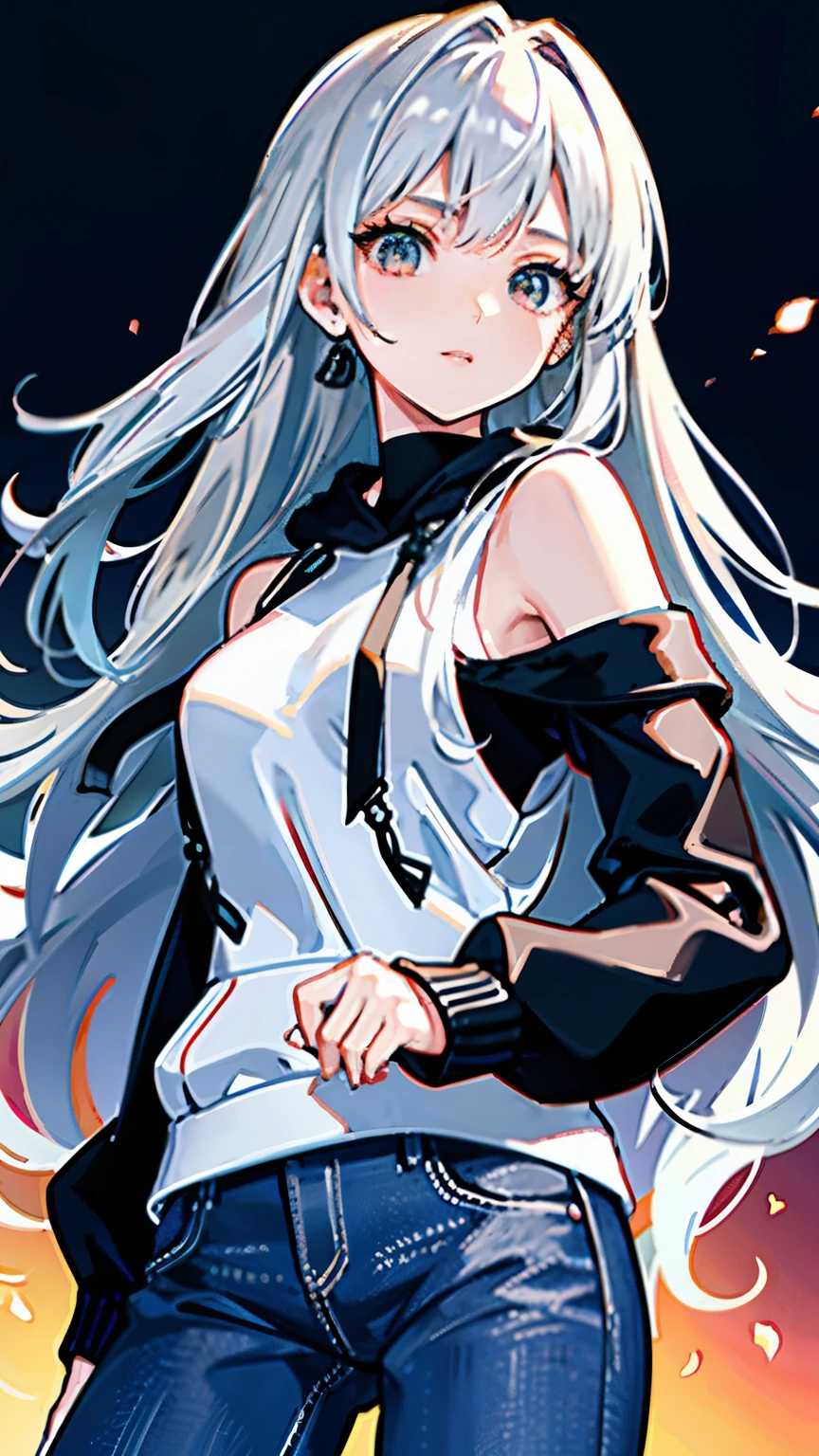 (masterpiece), (best quality), (highest Quality), (Ultra detailed), (highest Resolution), 8K, High definition RAW color art, holographic, anime style, beautiful face, ultra detailed face, beautiful and detailed eyes, looking at viewer, a ager lady, patternless hoodie, jeans, off shoulder, (navy eyes:1.2), (white hair:1.2), (long hair:1.2), silky Touch, urban, shadow, night