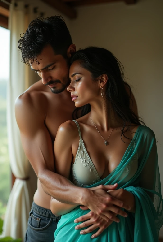 matured indian girl and boy, just out of bath, she is drenched, natural scene, wearing a low v cut transparent wet blouse, she is wearing no bra, boy is hugging her from behind, boy is touching cleavage from behind, full transparent plain teal saree that covering only one side of her boobs, her cleavage seen, she is in her cozy and simple home