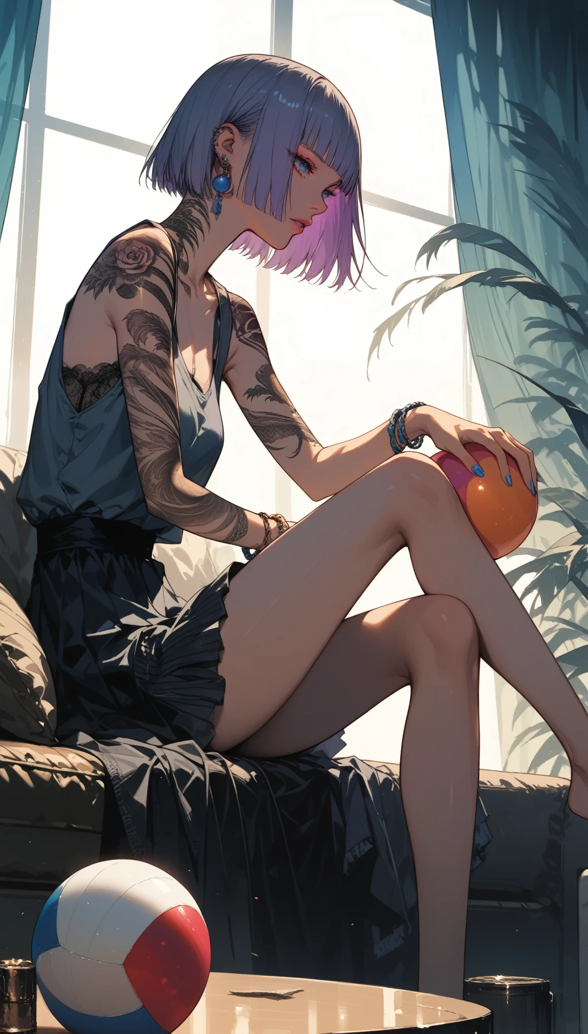 (score_9,score_8,score_7_up,score_6_up)sinozick style,flat color, dark theme
BREAK
yodenn_4 reverse_1999 ,mercuria_(reverse_1999), absurdres highres,
1girl ,ball bare_shoulders, bead_curtain, black_skirt, blue_eyes, blue_nails ,blunt_ends, bob_cut ,bracelet couch, crossed_legs, curtains, disco_ball, earrings, feather_boa, feet_out_of_frame, from_side, grey_hair, grey_tank_top, hair_ornament, hand_up, holding, holding_ball, jewelry, looking_at_object, miniskirt on_couch, profile, purple_background, short_hair, shoulder_tattoo, sitting, skirt, solo, tank_top, tattoo,
