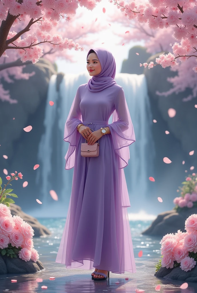 a beautiful adult girl wearing a hijab, wearing a Dutch oni chiffon puple dress, umbrella-shaped sleeves, wearing high-heeled sandals, wearing a bracelet and a watch, is in a flower garden, there is a waterfall, and white roses around it, there are cherry trees whose leaves are falling, scattered on the ground, smiling holding her beautiful bag