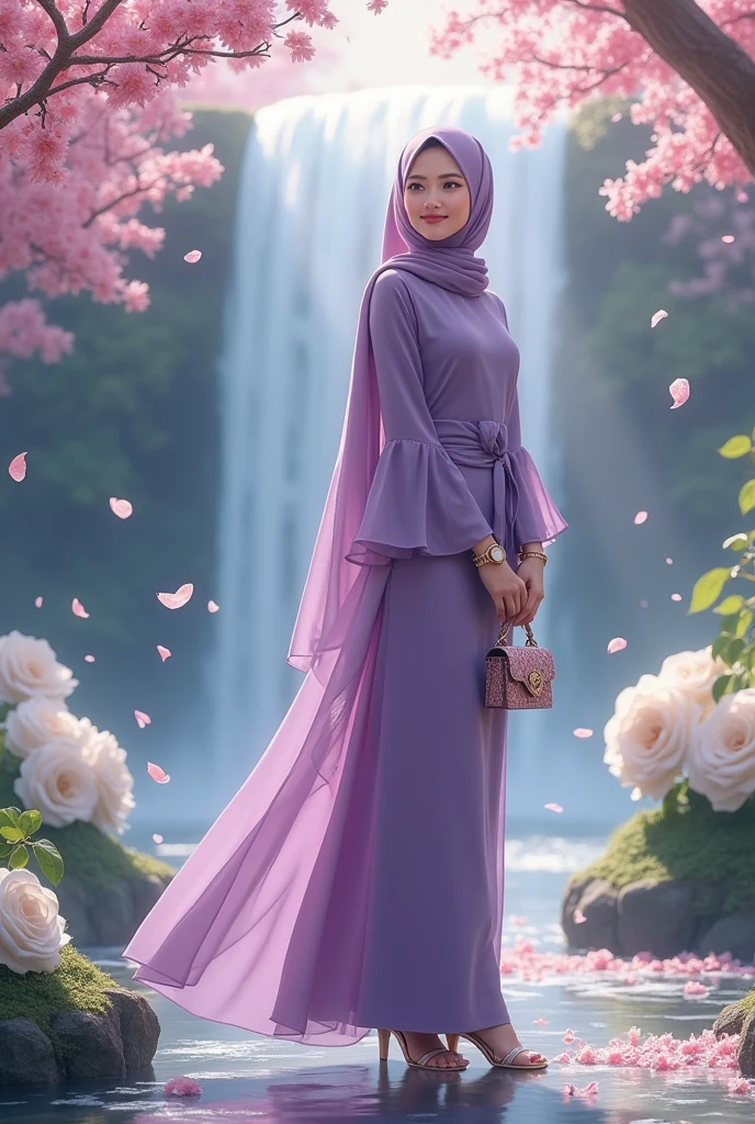 a beautiful adult girl wearing a hijab, wearing a Dutch oni chiffon puple dress, umbrella-shaped sleeves, wearing high-heeled sandals, wearing a bracelet and a watch, is in a flower garden, there is a waterfall, and white roses around it, there are cherry trees whose leaves are falling, scattered on the ground, smiling holding her beautiful bag