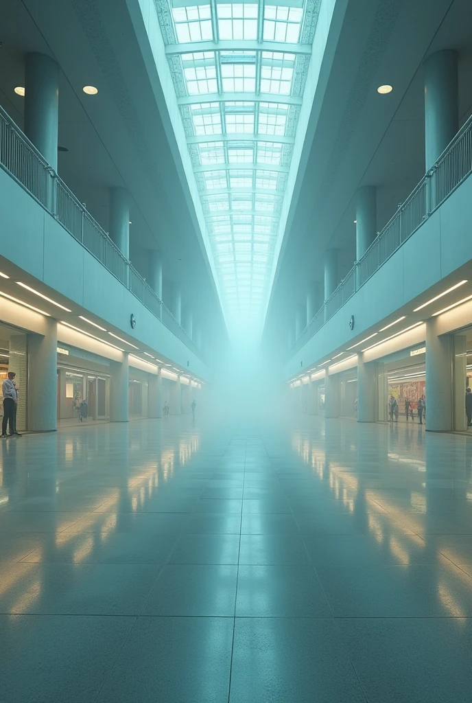 "Create a brightly lit liminal space that induces agoraphobia. The scene should depict an expansive, empty airport terminal or a vast shopping mall with high ceilings and harsh fluorescent lighting. The space should feel overwhelmingly large, with endless rows of identical storefronts or gates, stretching out into the distance, creating a sense of infinite emptiness. The environment should be sterile, with stark, clean lines and minimal decoration, evoking a sense of alienation. The color palette should be bright but unsettling, with overly saturated hues like cold whites, pale blues, and washed-out yellows. Despite the brightness, the scene should convey an overwhelming sense of isolation, discomfort, and anxiety, as if the viewer is lost in an endless, impersonal void."