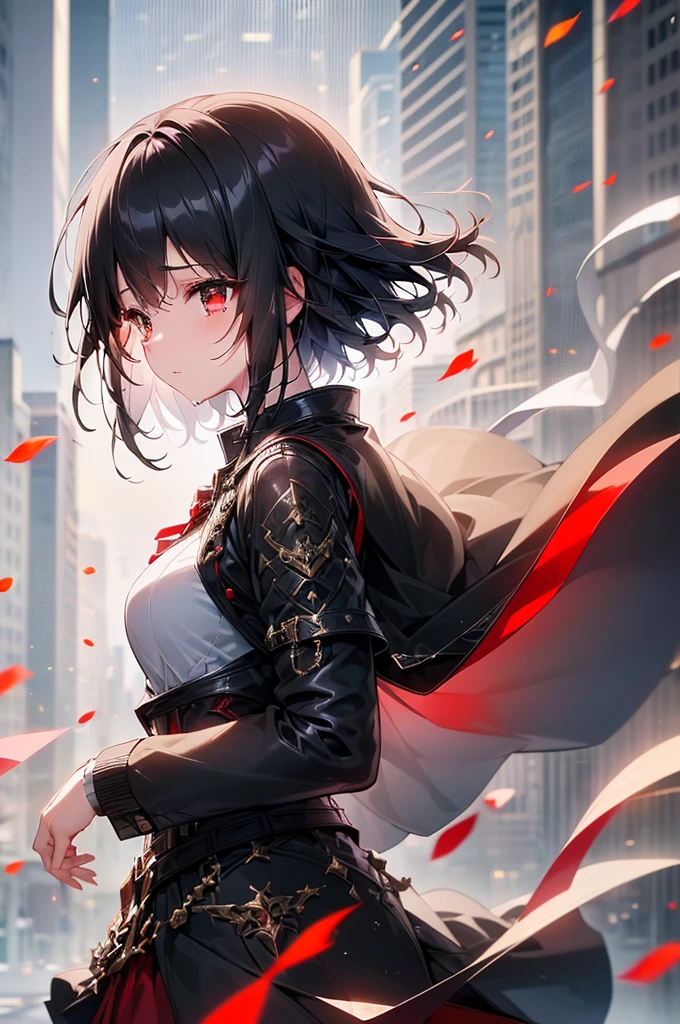 (masterpiece, highest quality, highest quality, (No text), Beautiful and aesthetic:1.2),No text,アニメ、BREAK,One Girl，Black Hair Girl　 adult　short hair　older sister　Beautiful eyes　Red eyes　cool　tears　Black and Red　skirt　Black jacket　White clothing　whole body　In town
