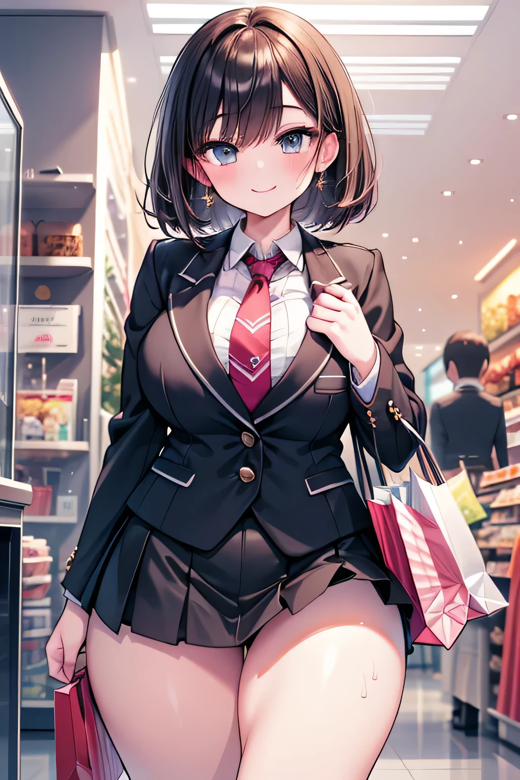 Anime illustration、High resolution、smile、A busty high school girl shows off her charms in a blazer at dusk in a shopping district、Ribbon tie、mini skirt、Ashiripa、Perfect proportions、Cowboy Shot、Plump thighs、Sharp Eyes、Sweaty