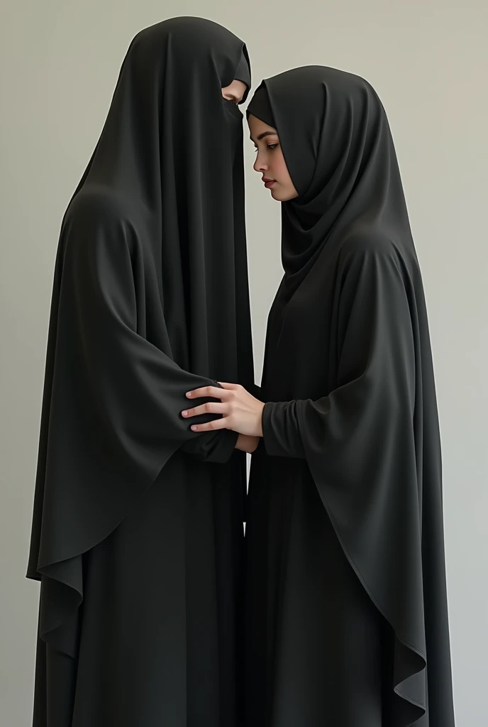 A choby girl wearing a burkha standing with his hand on the girl's ass