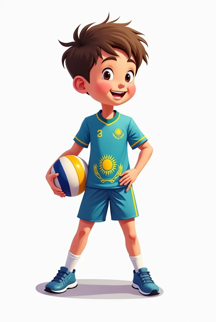 ((officially)) ((masterpiece)) ((Best quality)) ((detailed)) cartoon boy volleyball player with ball in uniform with emblem flag of Kazakhstan on white background