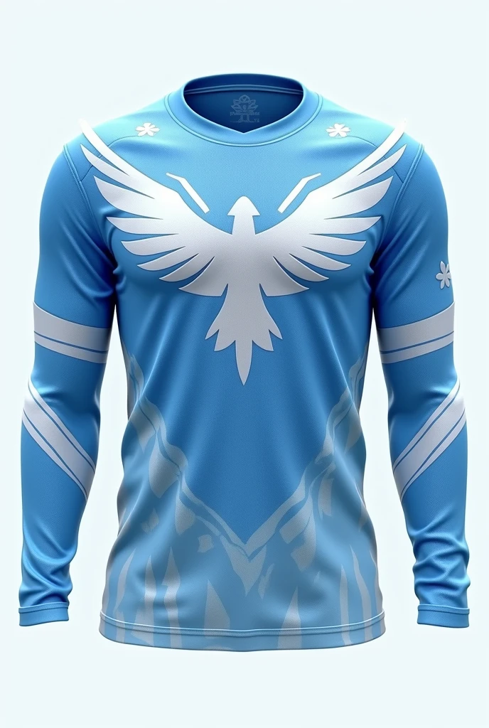 Create a jersey design with following ideas
Base Color: Icy Blue
Design Elements:
Wingspan Motif: Across the chest, incorporate a large, stylized wingspan that represents Articuno's majestic wings. The wings can be designed with sharp, angular lines in lighter shades of blue or silver to give a frosty, crystal-like effect.
Frosted Feathers: On the sleeves and lower part of the jersey, add patterns that mimic frosted feathers or snowflakes, blending in gradually with the base color.
Accents:
Silver Outlines: Use silver or reflective accents on the collar, cuffs, and seams to add a shimmering, icy feel that reflects light like ice.
Articuno Silhouette: A subtle silhouette of Articuno could be placed on the upper back or as a small emblem on the chest, rendered in a sleek, minimalist style.