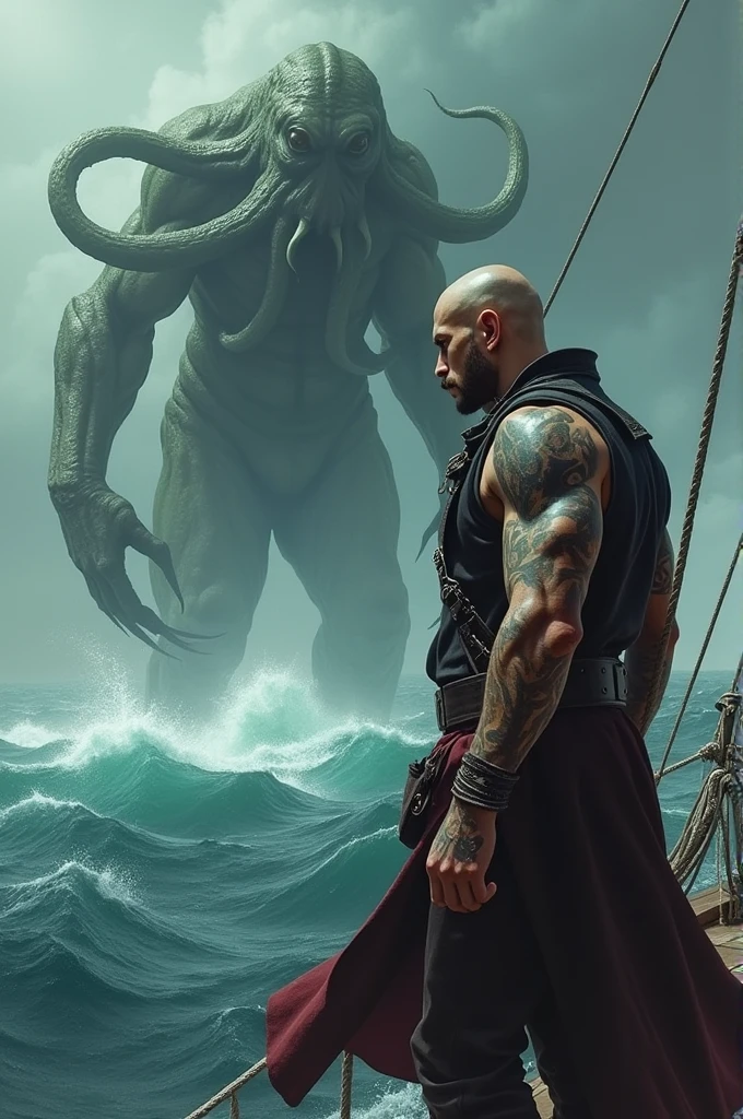 Tattooed male model shaved head pointy mustache, soul pach, glasgow smile scars, tall, slim fit, no shirt, pirate coat and heat stsnding at the edge og sailboath face to face with cthulhu