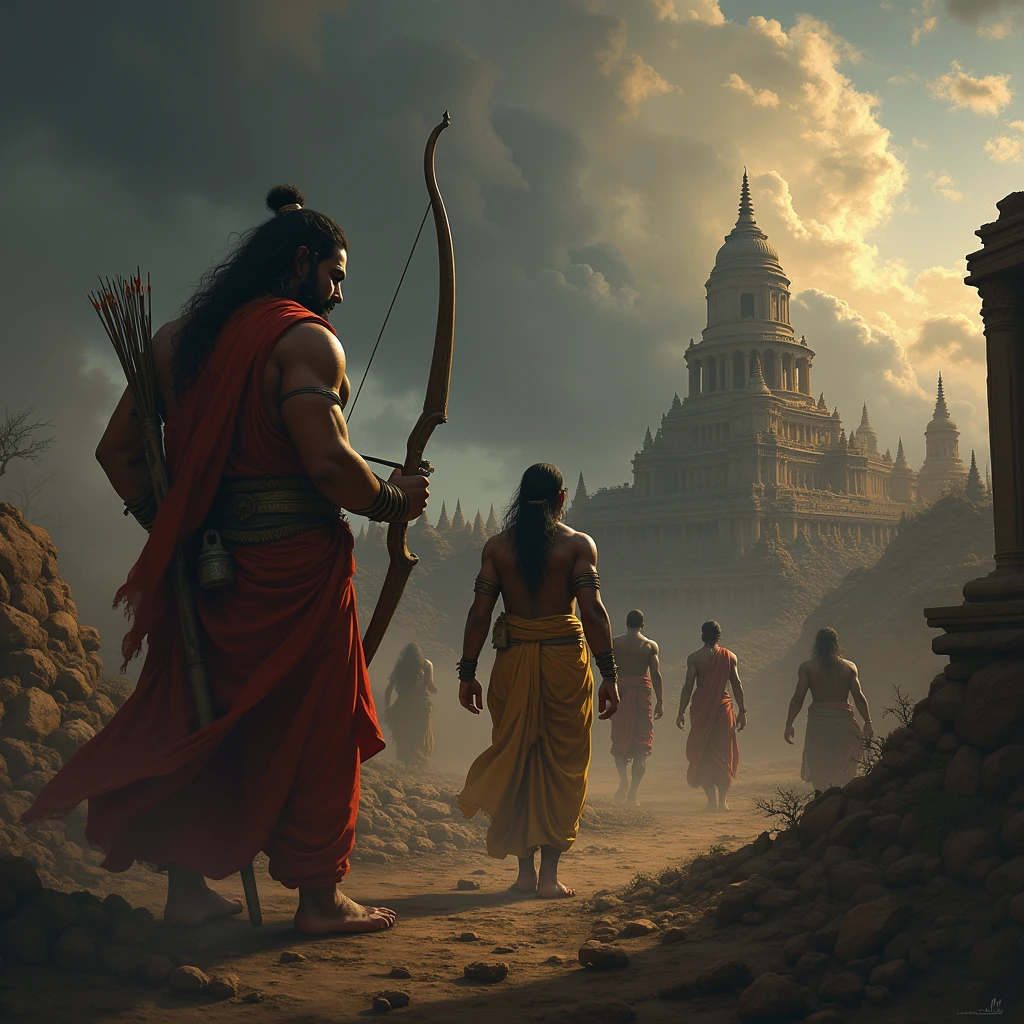 Depict a tense scene on the battlefield of Kurukshetra. Arjuna, his face marked by deep sorrow and concern, stands at the forefront, holding his bow but looking downward, contemplating the dire consequences of the impending war. The background is filled with crumbling ruins of temples and homes, symbolizing the collapse of ancient family traditions and societal norms (kuladharma and jātidharmāḥ). Show ancestral spirits and fading ritual fires, disappearing into the ether, representing the loss of eternal duties. Dark, ominous clouds loom overhead, casting long shadows over the battlefield, while Krishna, standing beside Arjuna, exudes a calm yet serious demeanor, his hand on Arjuna’s shoulder, offering silent support. Add the following text at the bottom of the image: 'With the fall of the family, the eternal duties perish, leading to the rise of chaos.