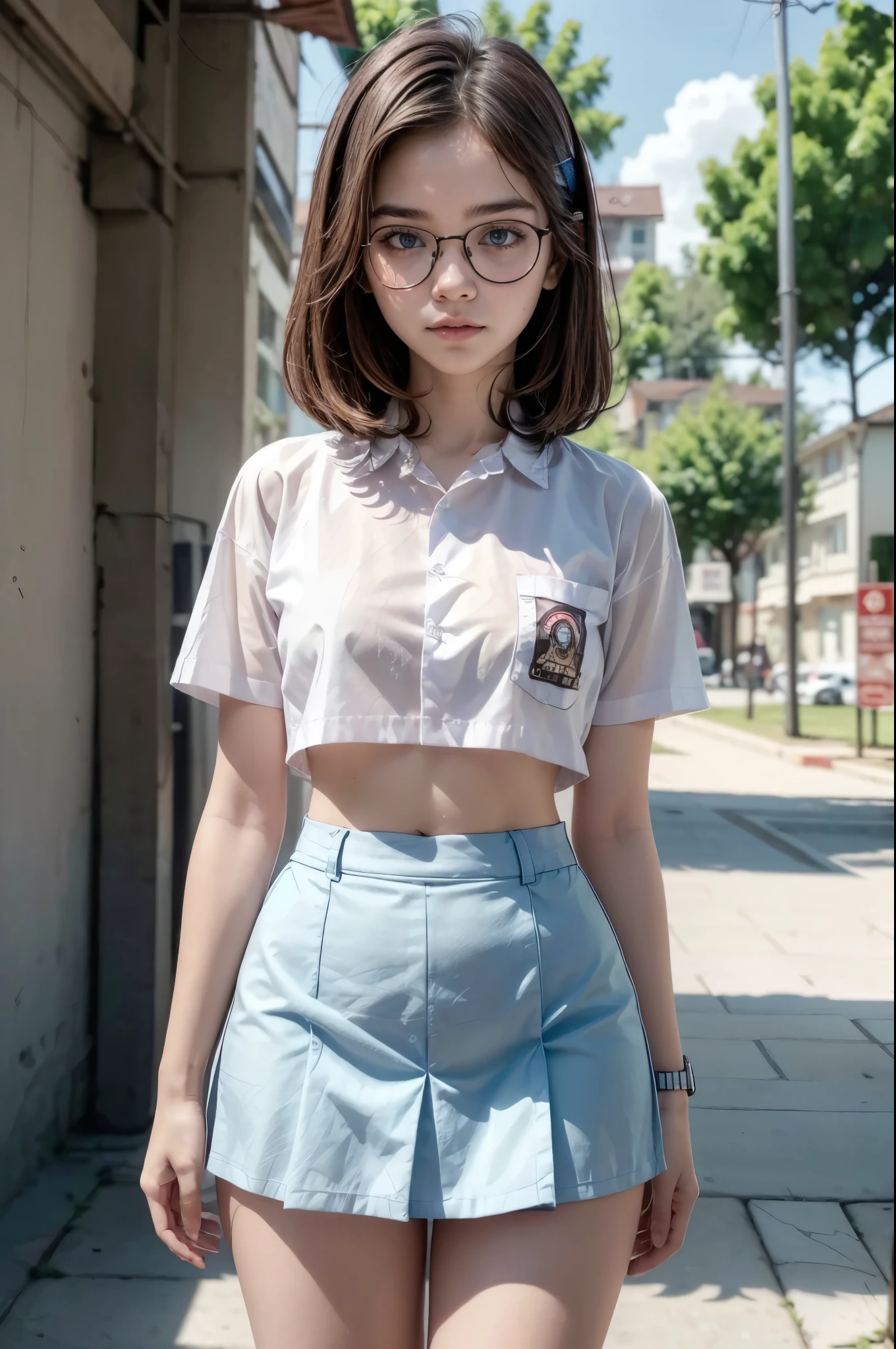 1 girl, (((at park))), (transparent white shirt), (wet shirt), (mini skirt), (pastel blue skirt), RAW photo, (photorealistic:1.37, realistic), highly detailed CG unified 8K wallpapers, 1girl, ((slender body:1)), (small breasts:1.3), looking at viewer, ((straight from front)), (HQ skin:1.2), (clean skin:1.2), 8k uhd, dslr, soft lighting, high quality, film grain, Fujifilm XT3, (full body:0.8) , tokyolagii , (bold glasses), full body in, perfect body, two legs, long legs, naval, (wide waist:1.2), (big tigh:1.3), crop top, (cleavage:0.7), sad, blushing, Barbara Palvin