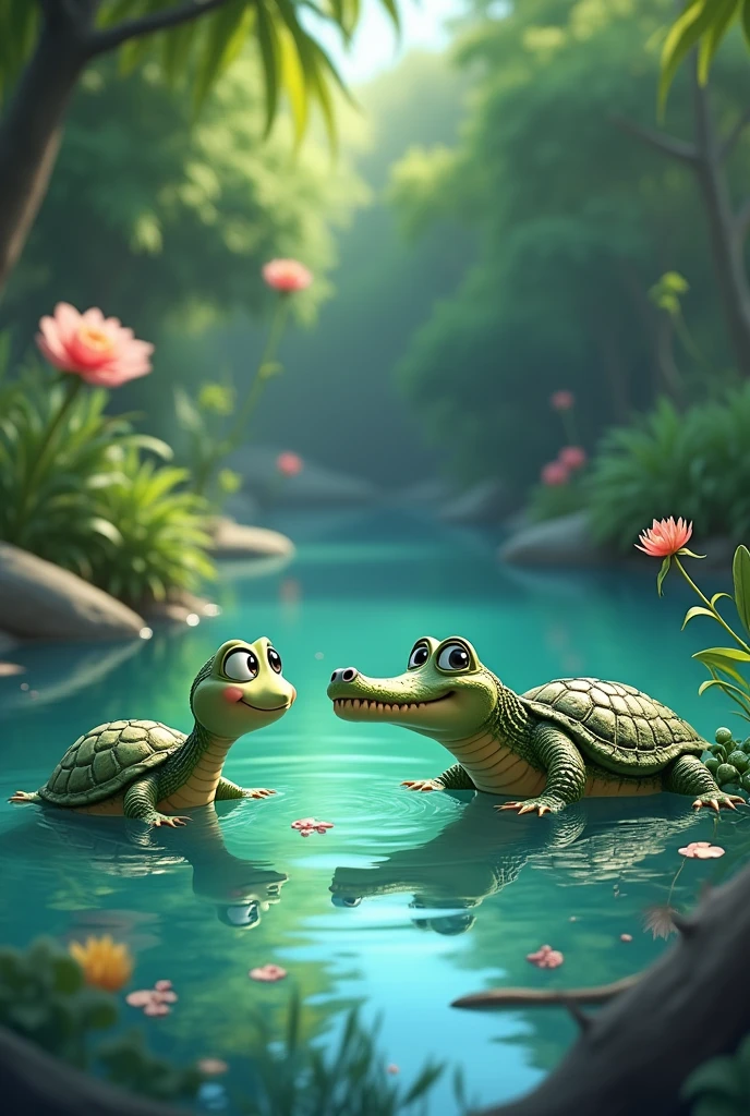  Turtle looked to crocodile back side  in pond in 2d cartoon 
