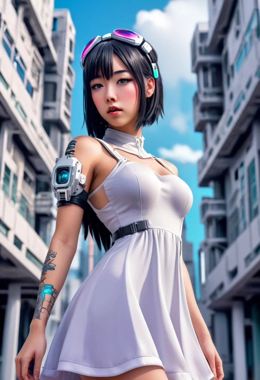 anime girl (cute) in a dress and headband standing in front of a building, digital cyberpunk anime art, digital cyberpunk - anime art, anime cyberpunk art, cyberpunk anime girl, cyberpunk anime girl mech, anime style 4 k, best anime 4k konachan wallpaper, cyber school girl, cyberpunk anime art, portrait anime space cadet girl, anime girl of the future, dreamy cyberpunk girl