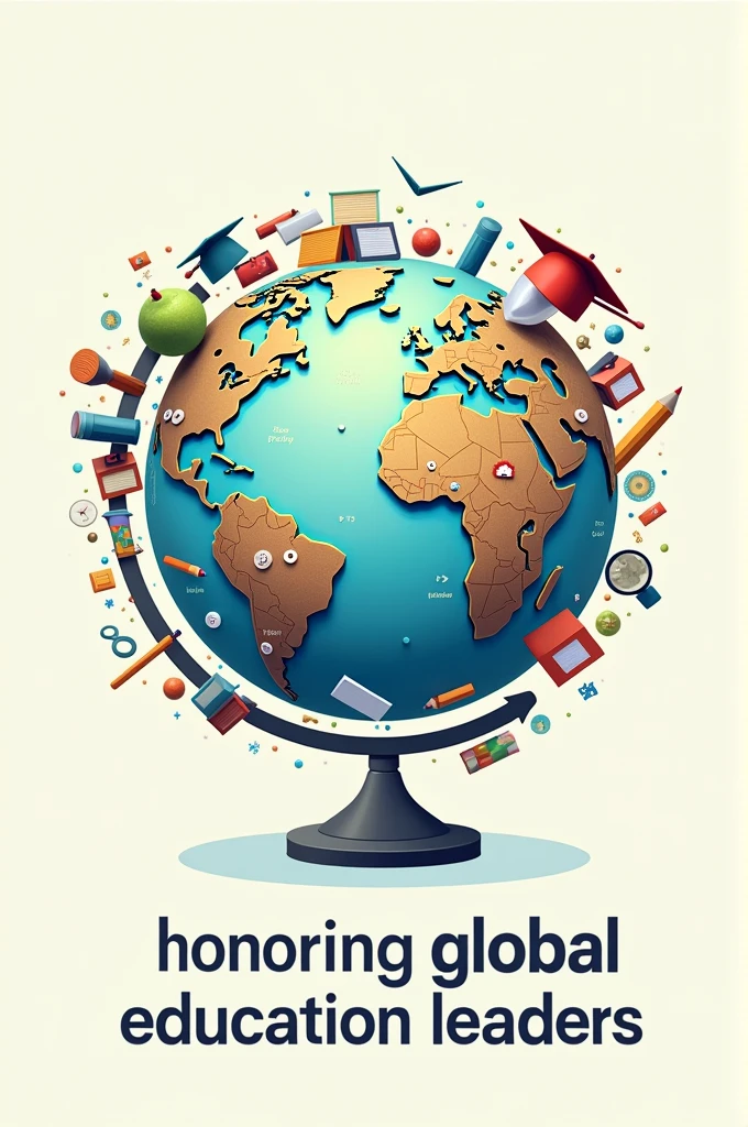 Create an image of A creative representation of a globe made up of educational icons(books, educational craps, pencils), with the text "Honoring Global Education Leaders".