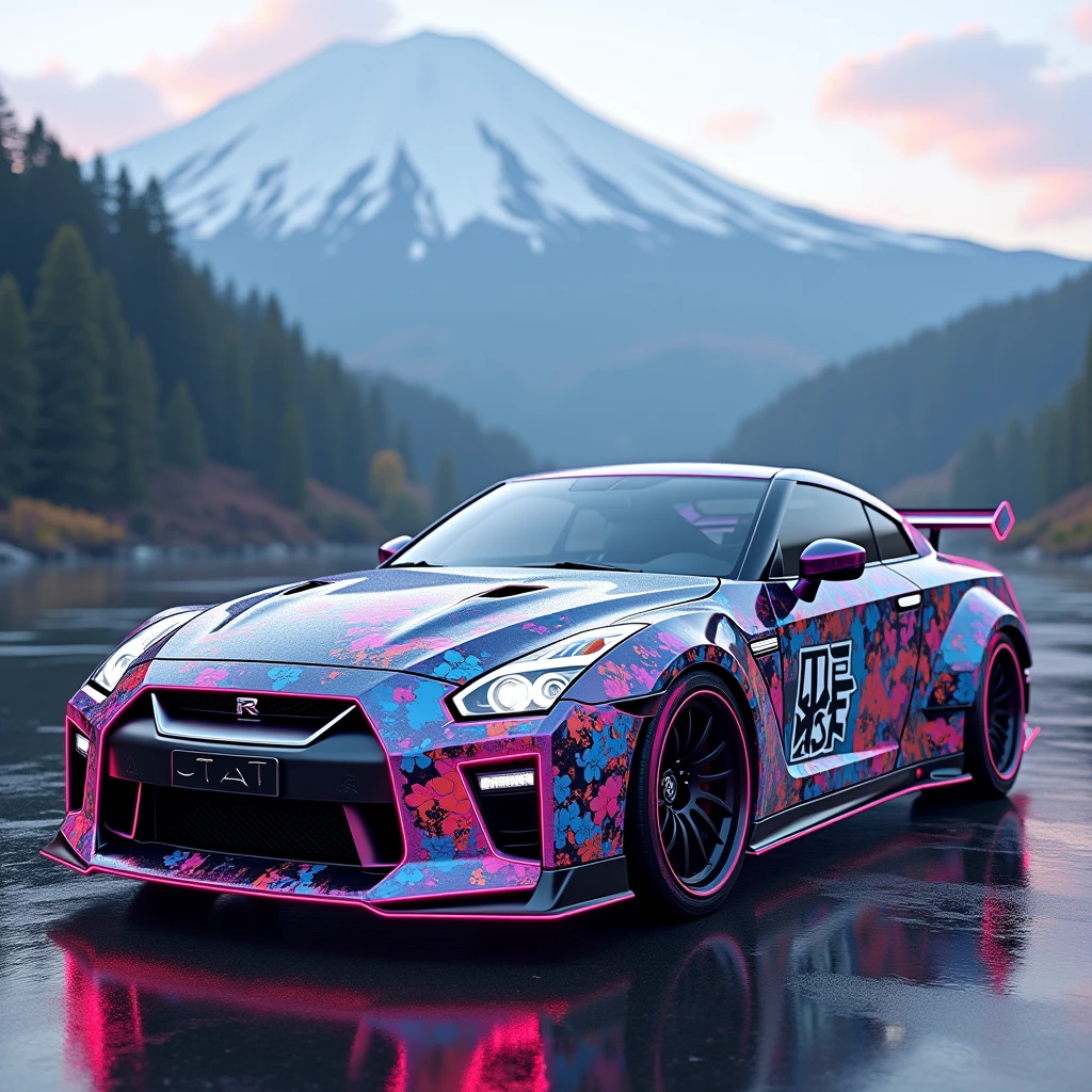 Drawing a NISSAN GTR decorated in a 2000s style with a Japanese landscape view.