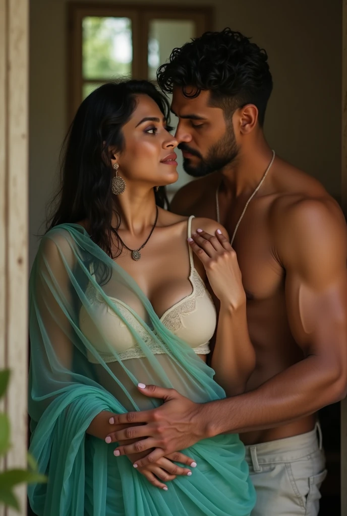 Realistic photo of interacial couple,a beautiful young white skin indian woman Full body nude  and a muscular black full naked man with his big black cock, nude photoshoot in a studio, realistic photo, white background,((Indian white skin girl wearing jewellery, bindi, bangles, fully naked show big breasts and hairy pussy, she is very happy, she is trying hide her nudity through 90 %transparent green dupatta,see through dupatta sexy boobs)). very realistic image, detailed image, High quality high detail,8k