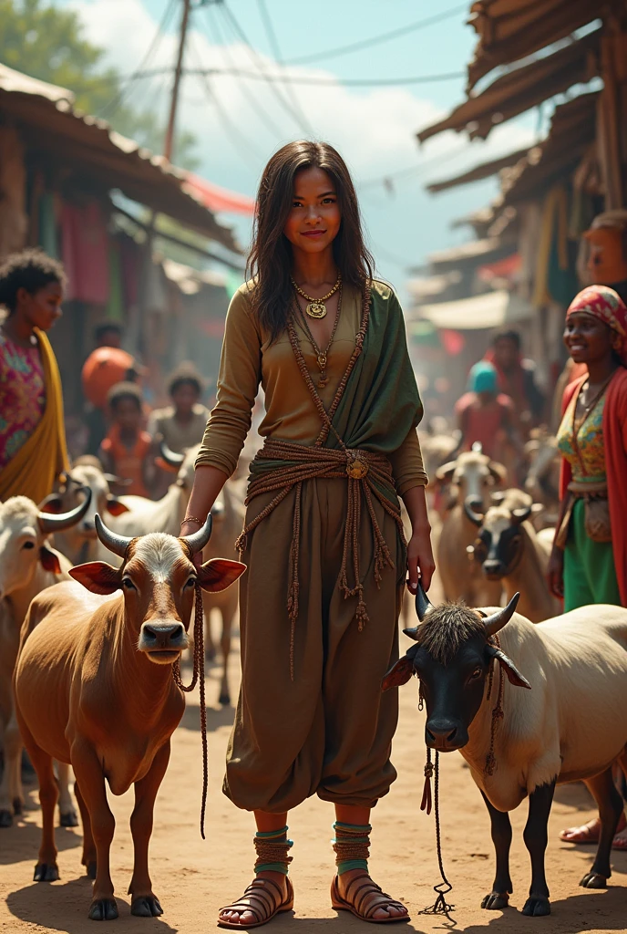 bustling marketplace filled with livestock. Daini danials, wearing a brown and green striped panty, stands amidst a group of porn stars, holding one by the condom. The scene is lively, with people in the background going about their activities, some wearing colorful attire. The setting is rustic, with makeshift stalls and a variety of animals around. The overall atmosphere is vibrant and energetic.