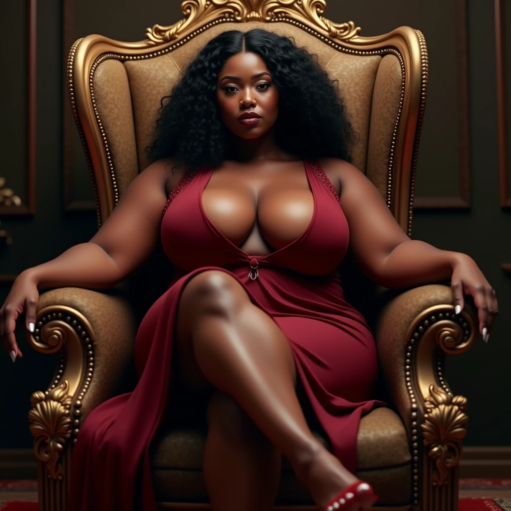 (photorealism:1.2 plus size dark skin ebony melanin curvaceous woman exuding power and authority with a findom persona sitting in throne chair full view f body and beatiful teet and toes