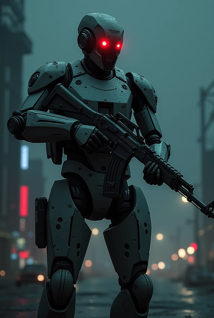 A ak47 rifle with a robotic men standing in the dark night 
