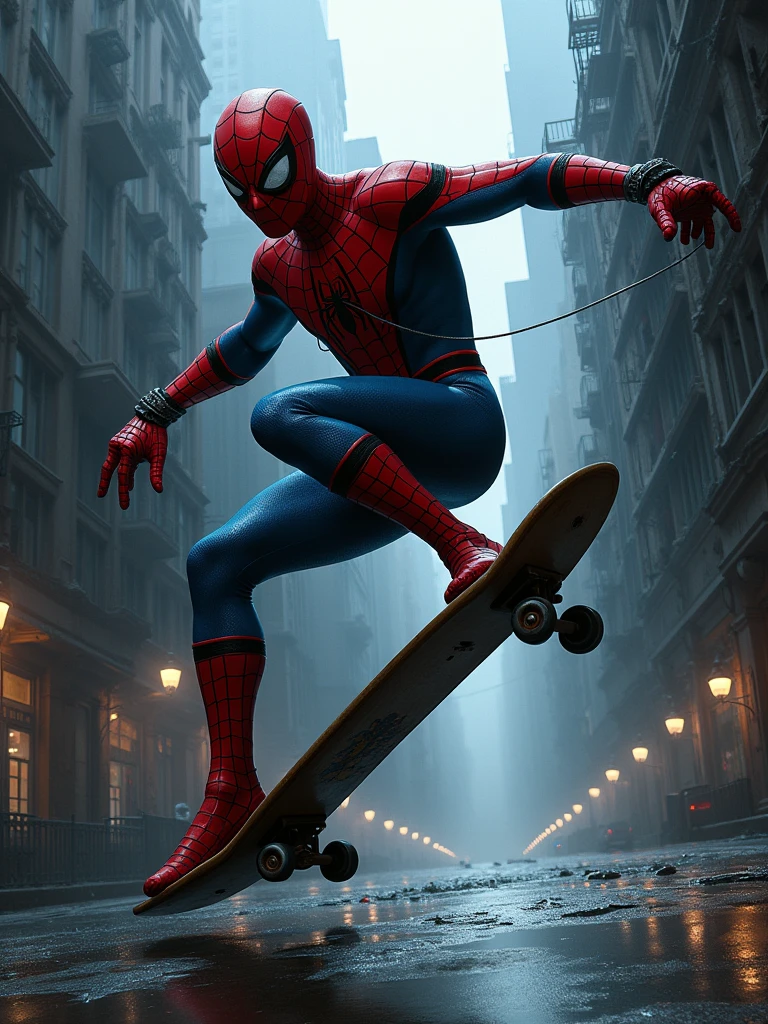 spider - man has landed on a skateboard in the dark and gloomy city, hyper realistic and intricate, beautiful, dark art, by Beksinski 