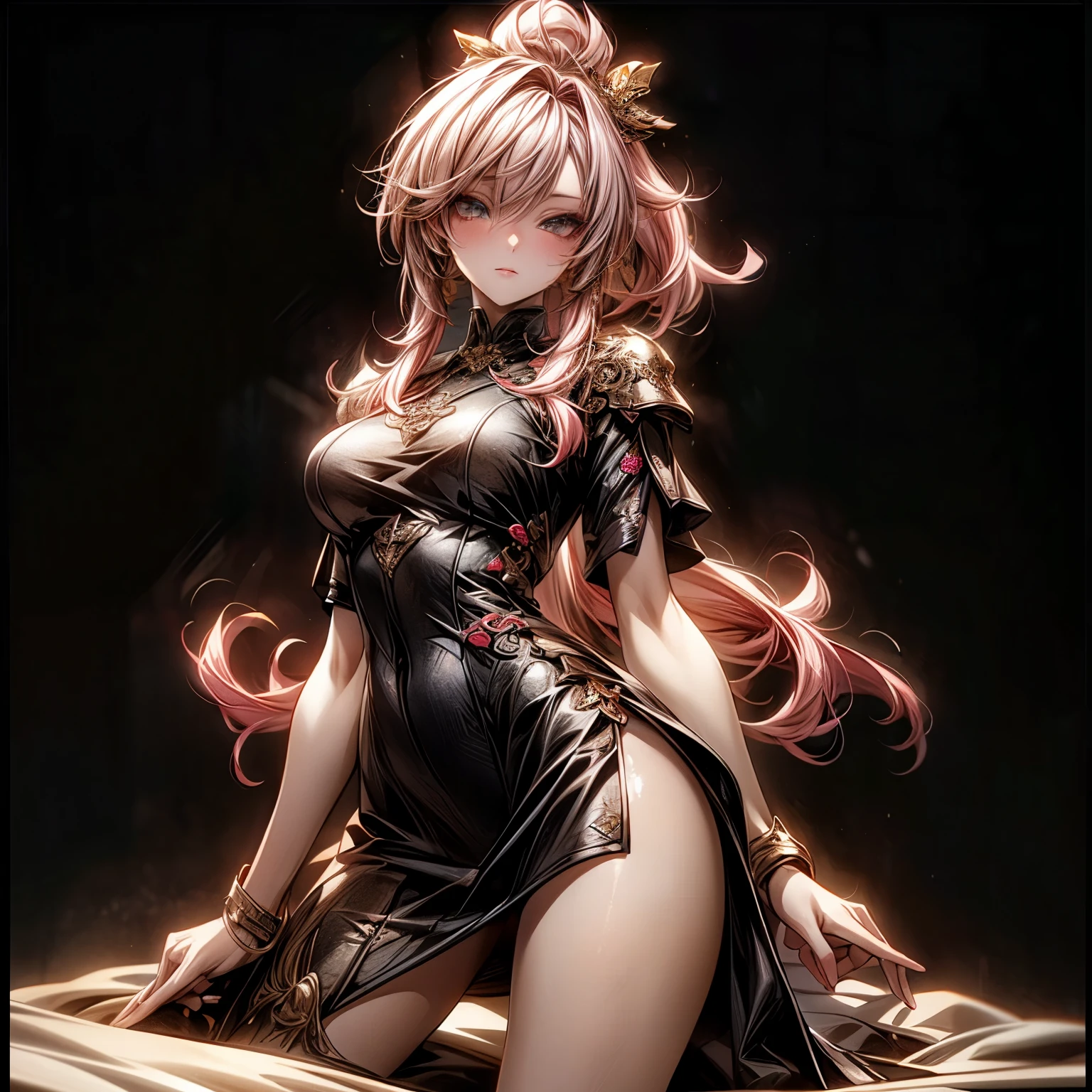 (best quality)), ((Masterpiece)), (details:1.4), 3d, HDR (high dynamic range), an image of a beautiful cyberpunk female, Cyberpunk, Fantasy, Pink hair, High ponytail, Full body, Beautiful white eyes, จมูกโด่ง, ปากแดง, หน้าอกใหญ่, nvidia RTX, PBR surface, After processing, Anisotropic filtration,depth of field, Maximum clarity and clarity, multi-layered surface, Subsurface scattering, perfect proportions, 8K raw files, ultra detailed, Perfect proportions, volumetric lighting, soft lighting, Holy Paldin, Heavy Silver Armor, Golden dress, glossy skin, intricate Golden embroidery, Bar background, jewely, ต่างหู, นิ้วมือสมบูรณ์, mini skirt, โกรธ