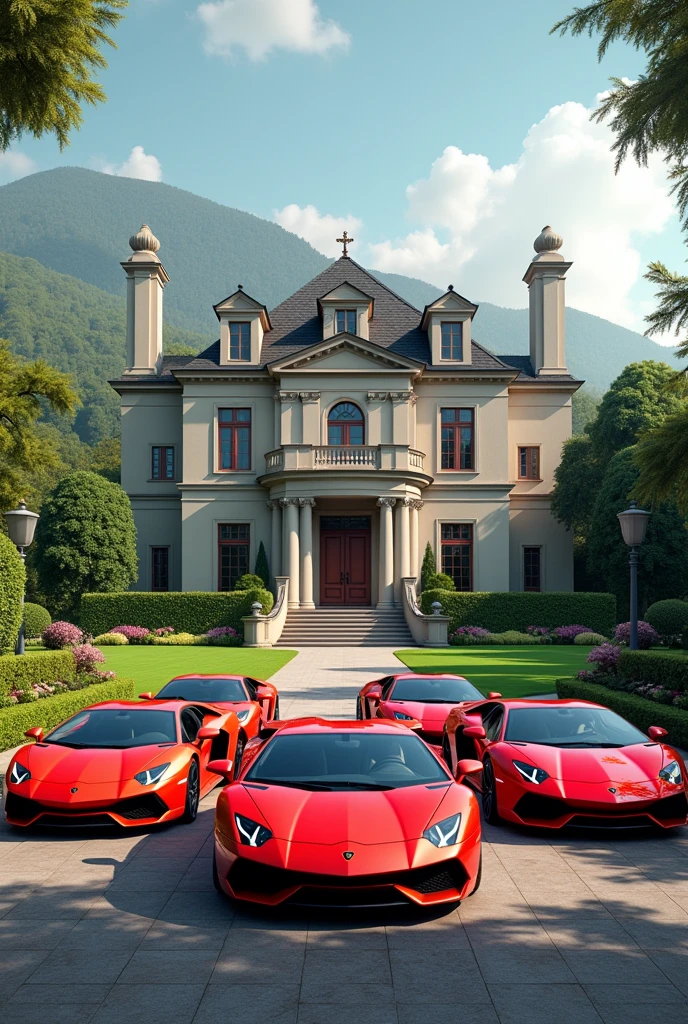 with 5 Lamborghini and also in background big house