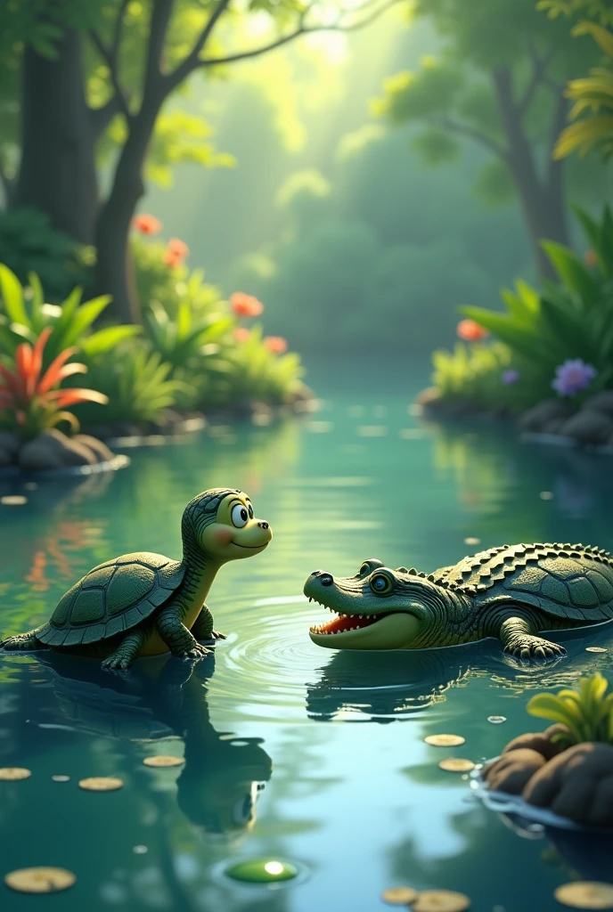 Turtle looked to crocodile back side in pond in 2d cartoon