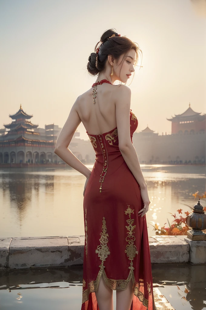 (((best quality))),(((ultra detailed))),(((masterpiece))),illustration,((1 beautiful girl,solo)),(neat bun:1.2),(fair skin:1.3),((slim,thin)),((earrings,necklace)),((bare back,towering hips,butt crack)),(bright almond-shaped eyes:1.3), graceful and elegant aura,(maxi gorgeous exquisitely embroidered red dress:1.5),gold trimmings,(stockings:1.3),(ancient Chinese city scape:1.3),(on empty spacious square:1.3),(outside the towering magnificent palace-like castle:1.3),(outdoor:1.3),gold trimmings,intricate carvings, delicate decorations,((clear sky, fluffy clouds)), warm sunlight, crisp refreshing breeze, serene expression, peaceful atmosphere, (standing:1.3), surrounding beauty,((vibrant October,autumn)),((from back,upper body))