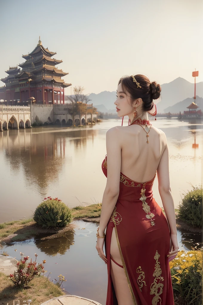 (((best quality))),(((ultra detailed))),(((masterpiece))),illustration,((1 beautiful girl,solo)),(neat bun:1.2),(fair skin:1.3),((slim,thin)),((earrings,necklace)),((bare back,towering hips,butt crack)),(bright almond-shaped eyes:1.3), graceful and elegant aura,(maxi gorgeous exquisitely embroidered red dress:1.5),gold trimmings,(stockings:1.3),(ancient Chinese city scape:1.3),(on empty spacious square:1.3),(outside the towering magnificent palace-like castle:1.3),(outdoor:1.3),gold trimmings,intricate carvings, delicate decorations,((clear sky, fluffy clouds)), warm sunlight, crisp refreshing breeze, serene expression, peaceful atmosphere, (standing:1.3), surrounding beauty,((vibrant October,autumn)),((from back,upper body))