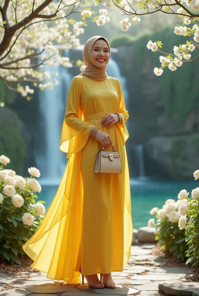 a beautiful adult girl wearing a hijab, wearing a Dutch oni chiffon yellow dress, umbrella-shaped sleeves, wearing high-heeled sandals, wearing a bracelet and a watch, is in a flower garden, there is a waterfall, and white roses around it, there are cherry trees whose leaves are falling, scattered on the ground, smiling holding her beautiful bag