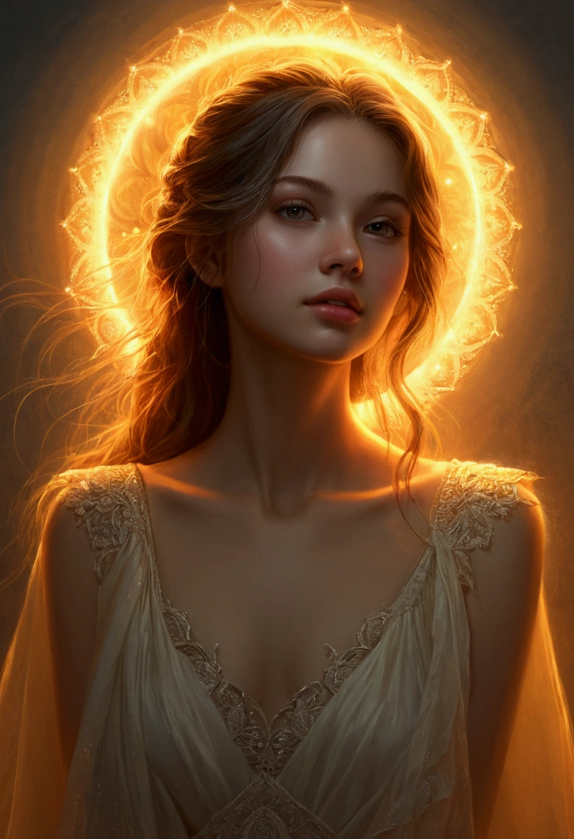 Circle of feathers behind a girl's shoulders with fire lighting from behind