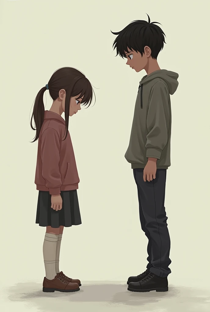 a moment filled with emotion and tension. The girl looking at her feet could suggest shyness, uncertainty, or introspection, while the boy standing face to face might indicate he's waiting for her to speak or looking for a connection. This scene could represent a pivotal moment in their relationship, where feelings are unspoken but palpable. Do you want to explore their emotions further or develop this scenario?
