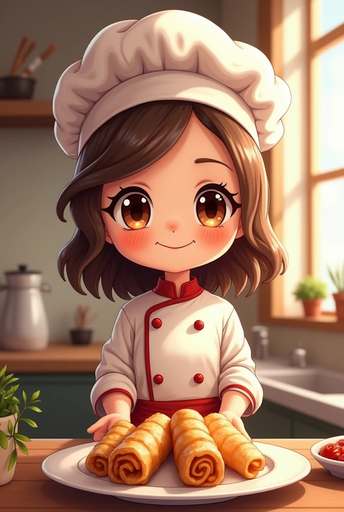 Cute female chibi chef with wavy hair holding a plate of lumpia rolls