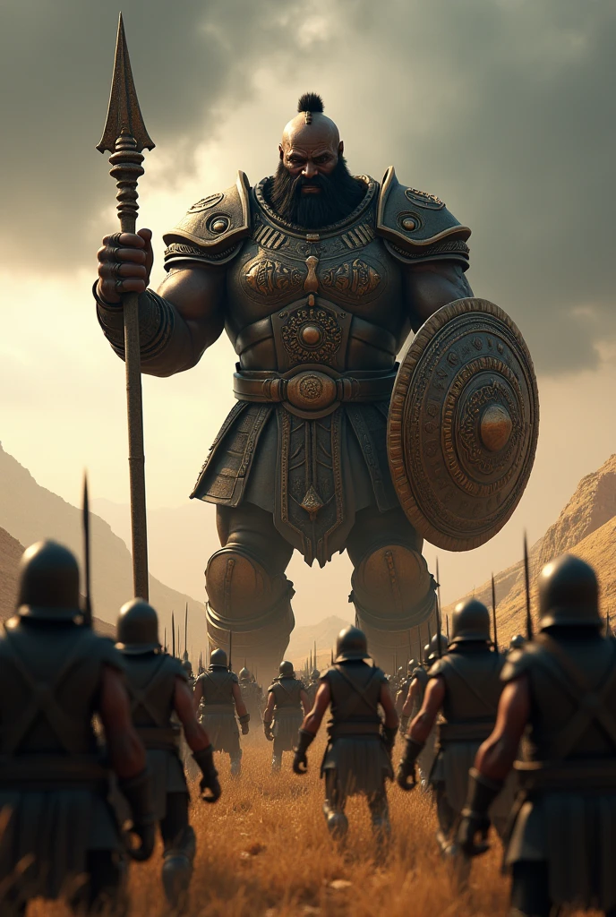 An epic battle scene in an open valley, where the giant Goliath, a black warrior nearly three meters tall, stands tall, imposing and menacing. He wears heavy bronze armor with ornate details, and holds a giant spear and shield. His expression is one of arrogance and contempt. In front of him, there is a line of Israeli soldiers, also black, in a defensive position, but visibly scared. The sky is overcast, with dark clouds, creating a tense and dramatic atmosphere. The characters' style is inspired by Disney and Pixar animations, with striking facial expressions and a vibrant color palette.