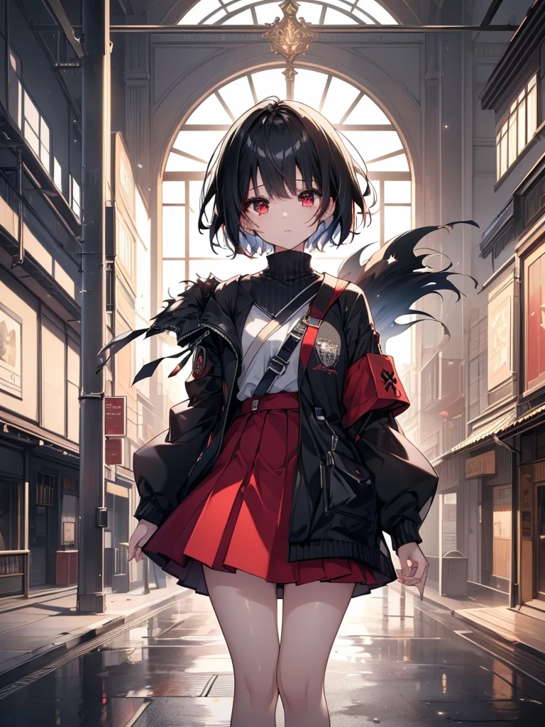 (masterpiece, highest quality, highest quality, (No text), Beautiful and aesthetic:1.2),No text,アニメ、BREAK,One Girl,Black Hair Girl adult short hair older sister Beautiful eyes Red eyes cool tears Black and Red skirt Black jacket White clothing whole body In town