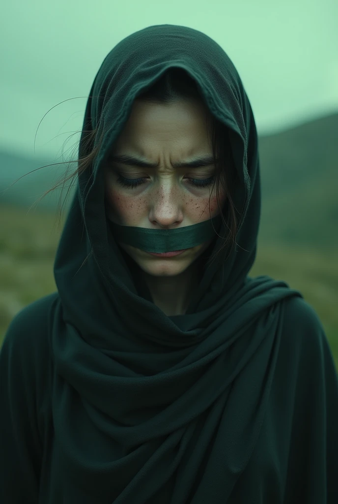 Sad woman. Sad face. Crying. Wearing sharee. Hills background.  Tape on mouth. No blood on face.  Little green dark