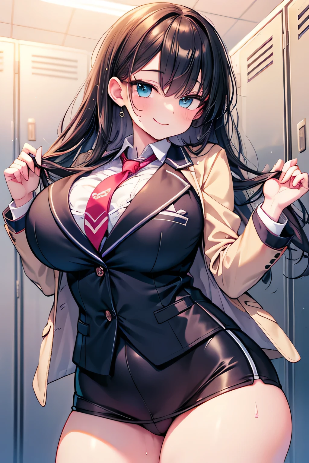 Anime illustration、High resolution、smile、A busty high school girl shows off her charms in a blazer in the locker room at dusk、Ribbon tie、now Wind、Perfect proportions、Cowboy Shot、Plump thighs、Sharp Eyes、Sweaty