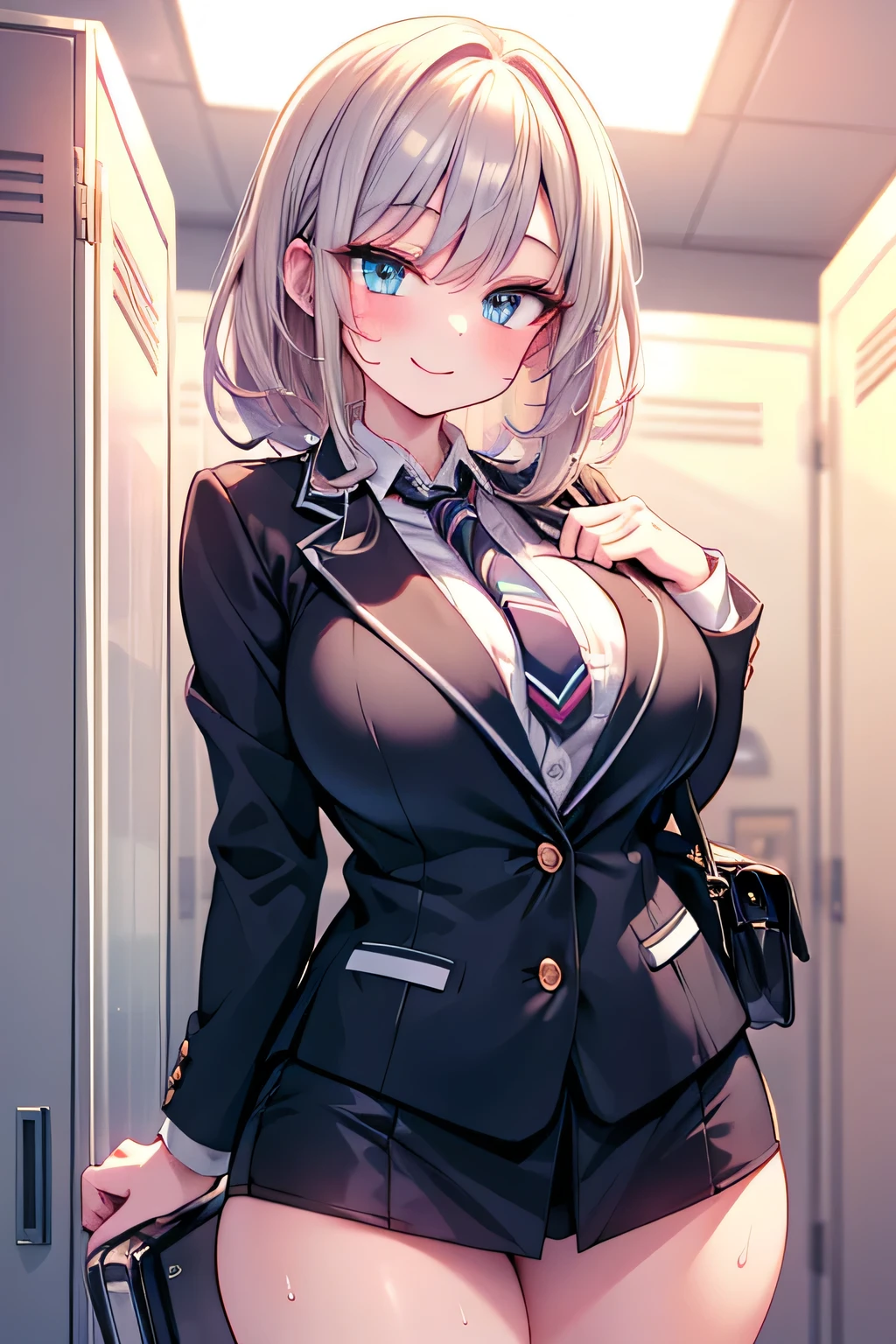 Anime illustration、High resolution、smile、A busty high school girl shows off her charms in a blazer in the locker room at dusk、Ribbon tie、now Wind、Perfect proportions、Cowboy Shot、Plump thighs、Sharp Eyes、Sweaty