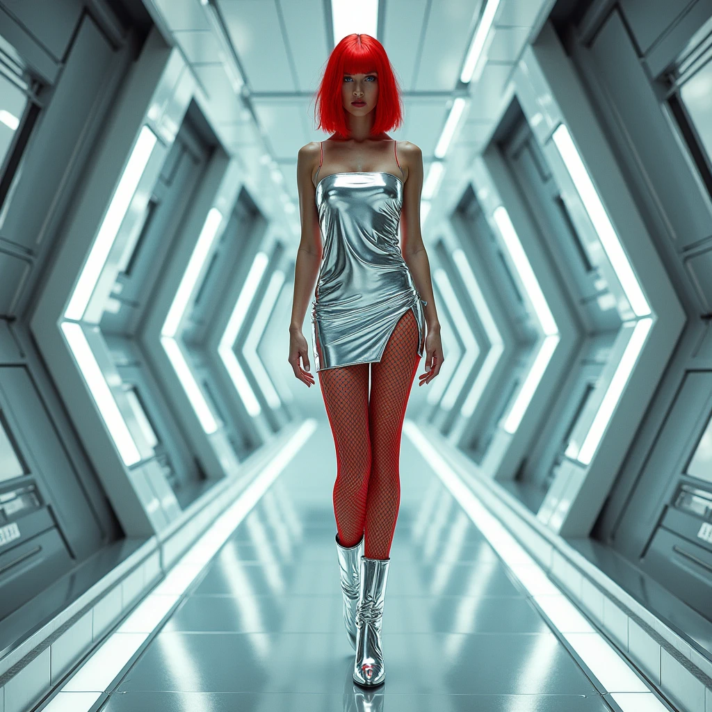 The space station of the future、Silver metallic mini dress、Side slits、Red fishnet tights、White、Red hair long bob、Silver metallic boots、