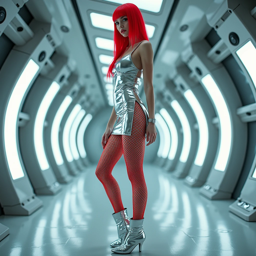 The space station of the future、Silver metallic mini dress、Side slits、Red fishnet tights、White、Red hair long bob、Silver metallic boots、