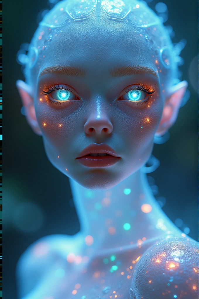 Alien with female appearance Without hair Translucent white shiny scaly skin Glowing skin from within Translucent shiny scaly skin of different colors Bright translucent crystal eyes